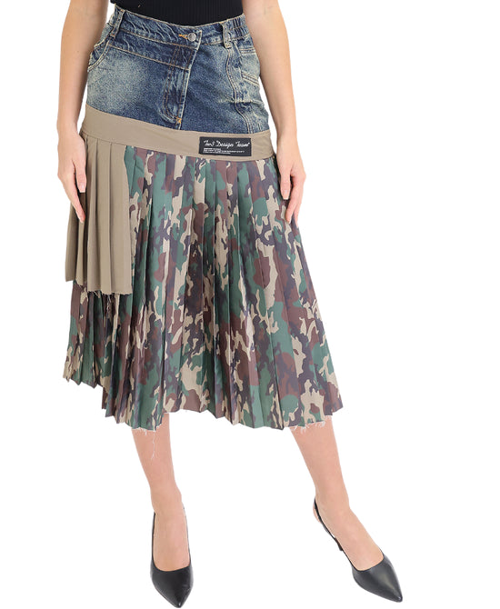 Pleated Camo Print Skirt w/ Denim Trim view 