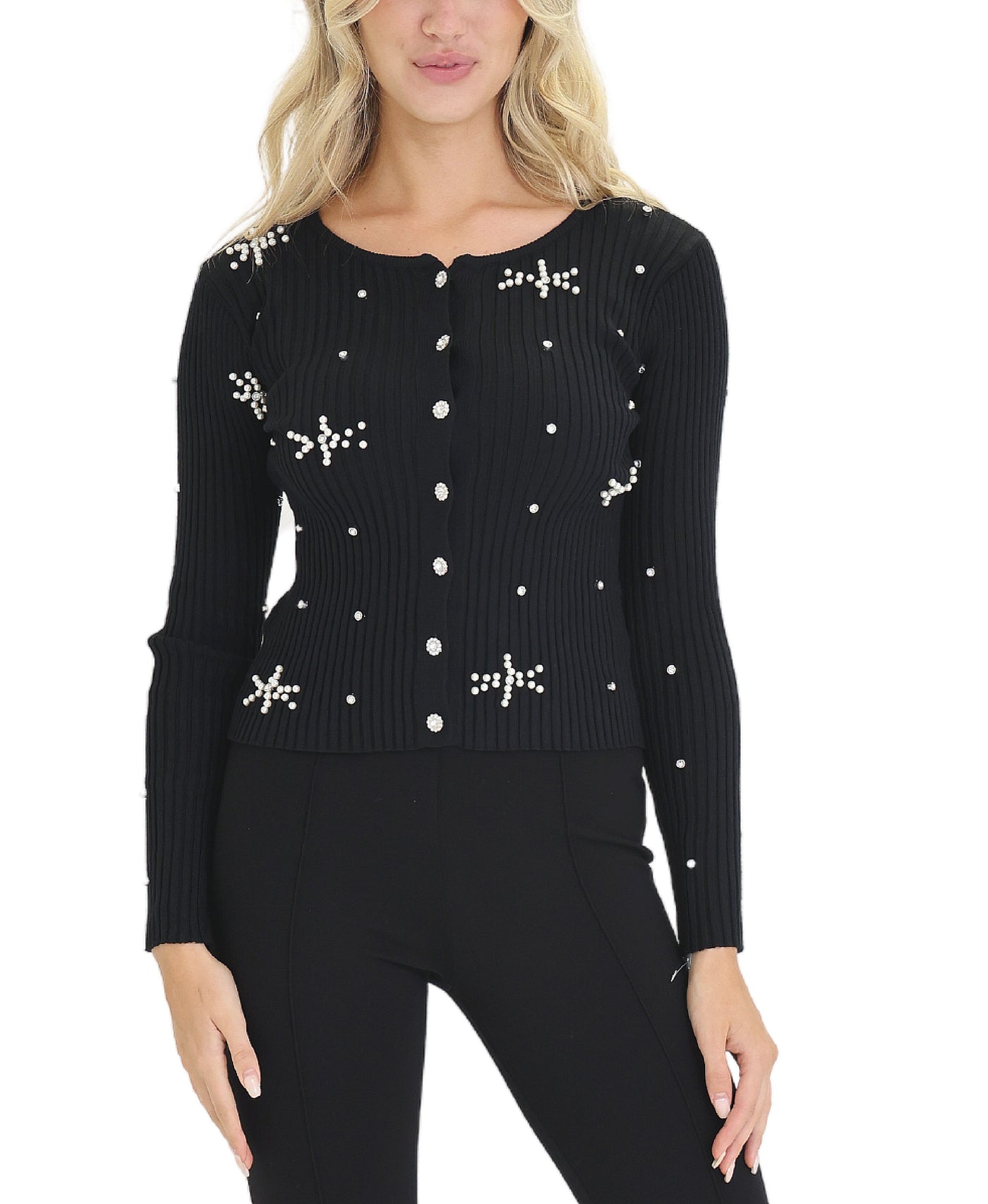 Ribbed Sweater w/ Pearls & Rhinestones view 1