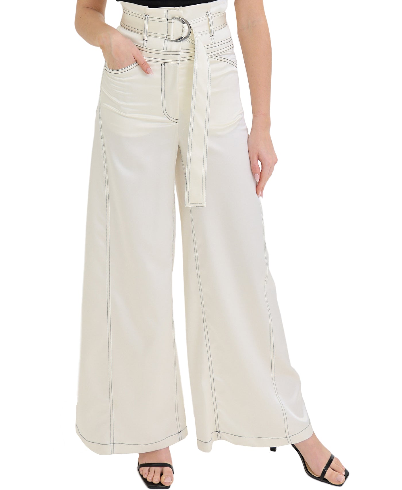 Satin High Waisted Pants w/ Contrast Trim view 1