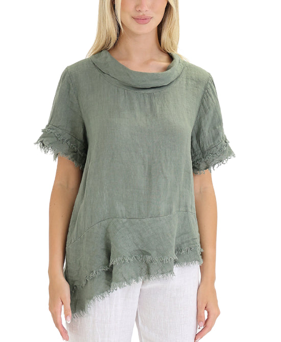 Linen Asymmetrical Top w/ Frayed Trim view 