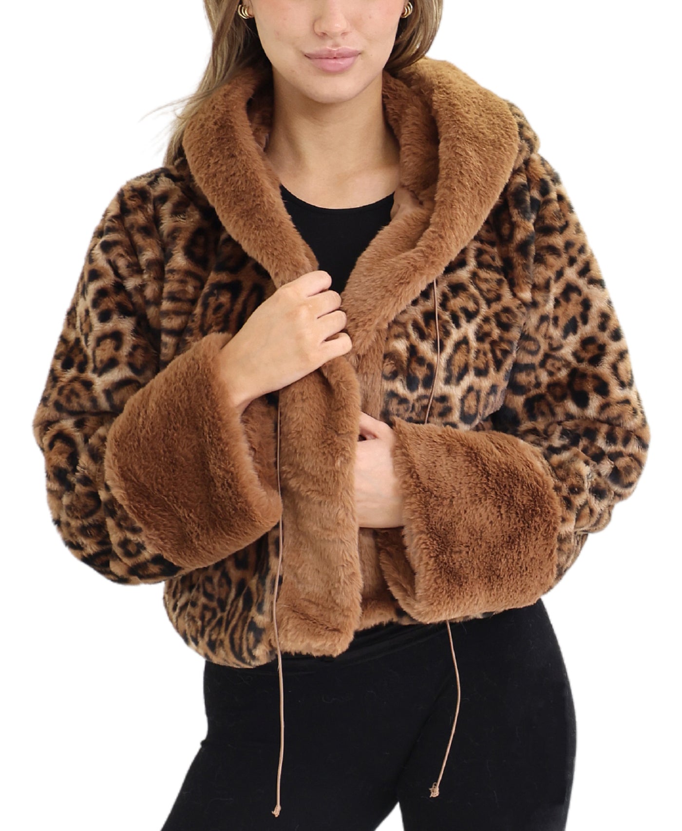 Faux Fur Leopard Hooded Jacket view 1