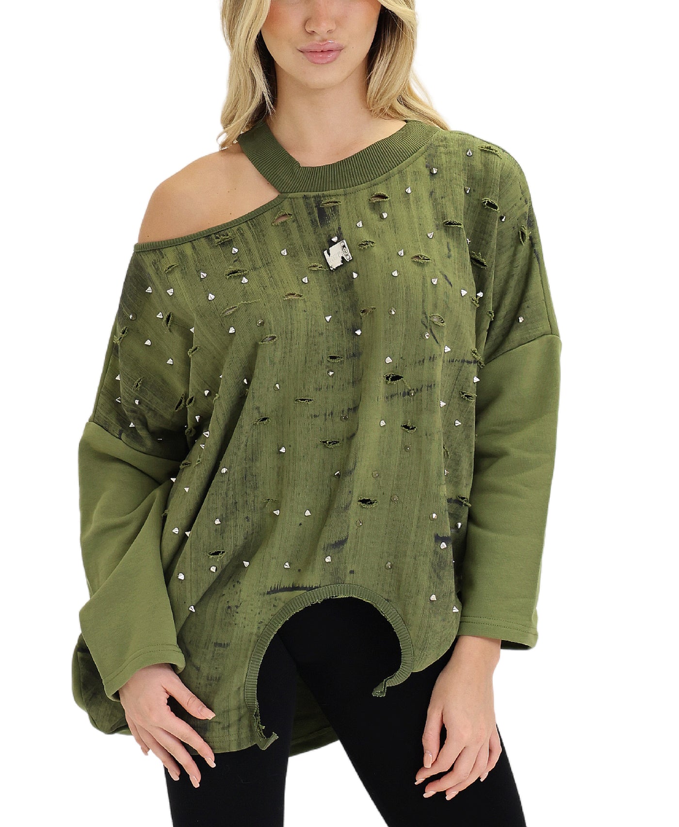 Distressed Printed Sweatshirt w/ Studs view 1