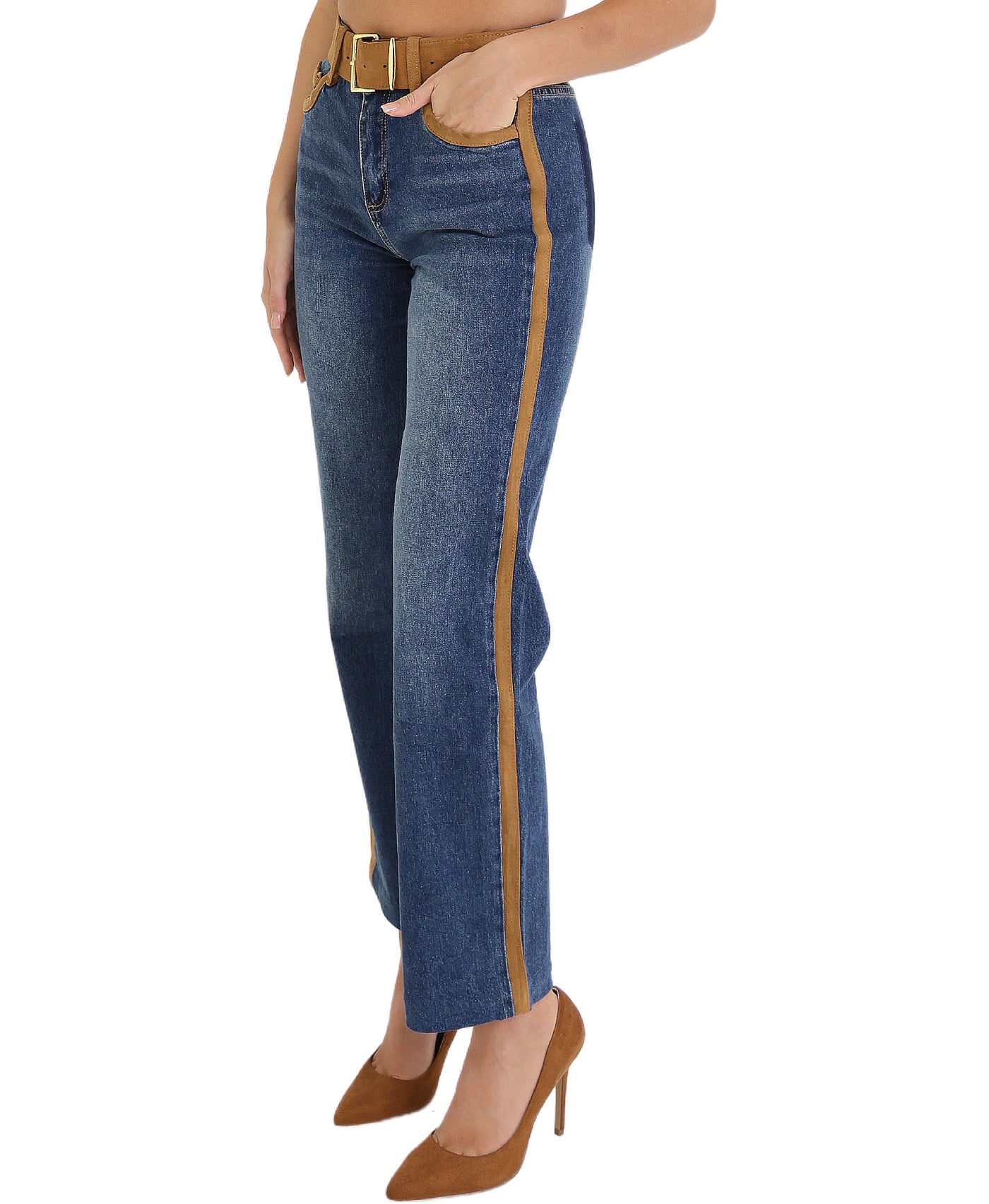 Jeans w/ Faux Suede Trim & Belt view 1