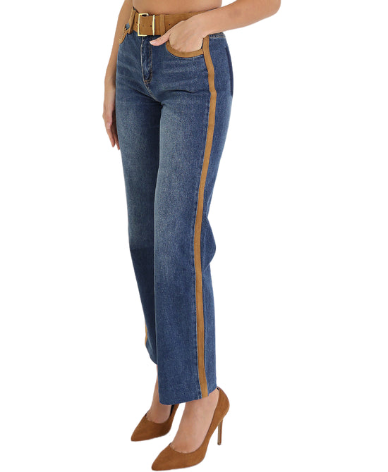 Jeans w/ Faux Suede Trim & Belt view 