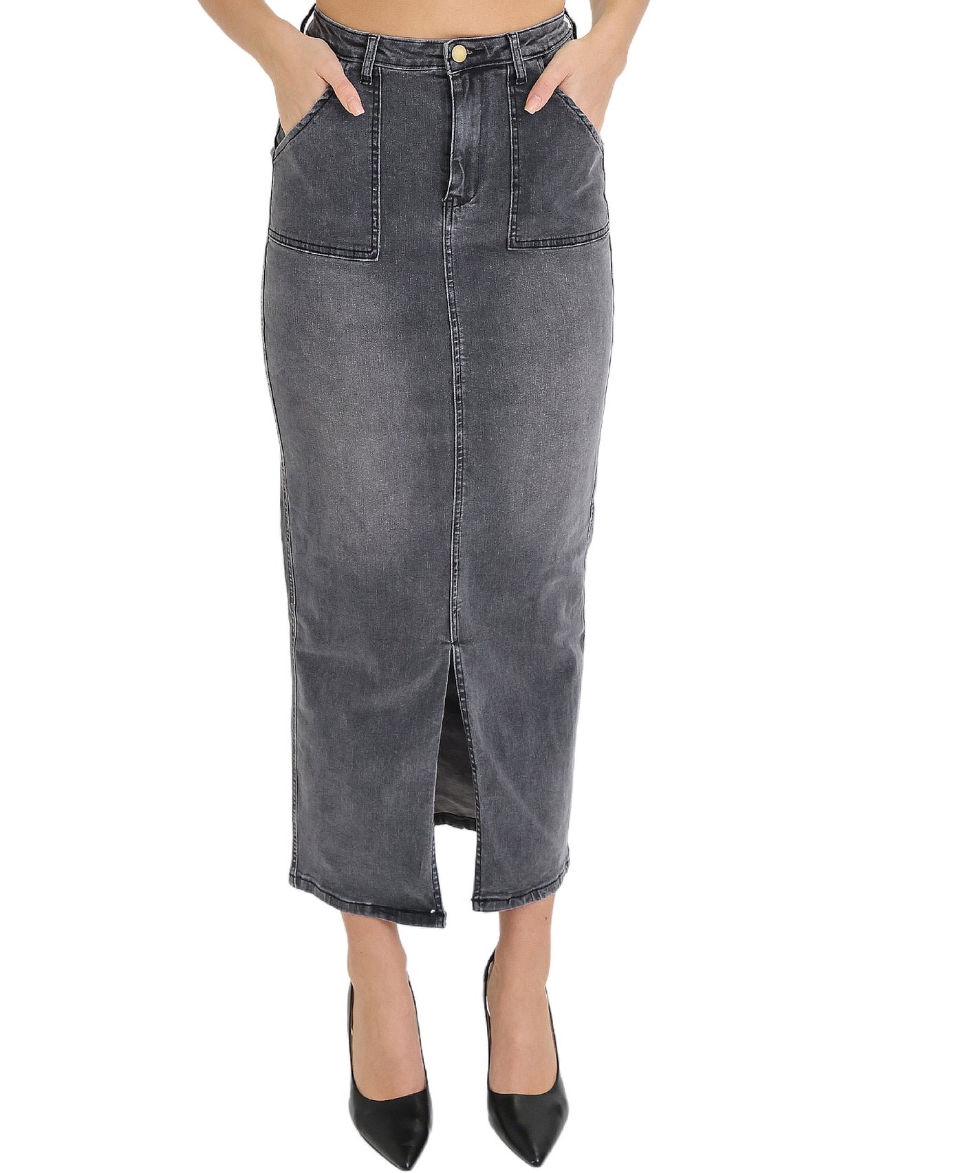 Denim Midi Skirt w/ Front Slit view 1