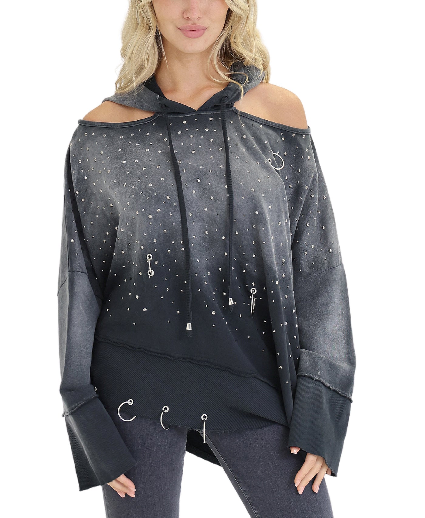 Ombre Cold Shoulder Hoodie w/ Rhinestones view 1