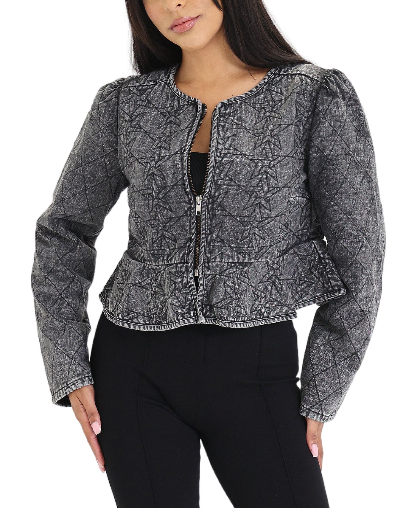 Quilted Star Peplum Denim Jacket view 1