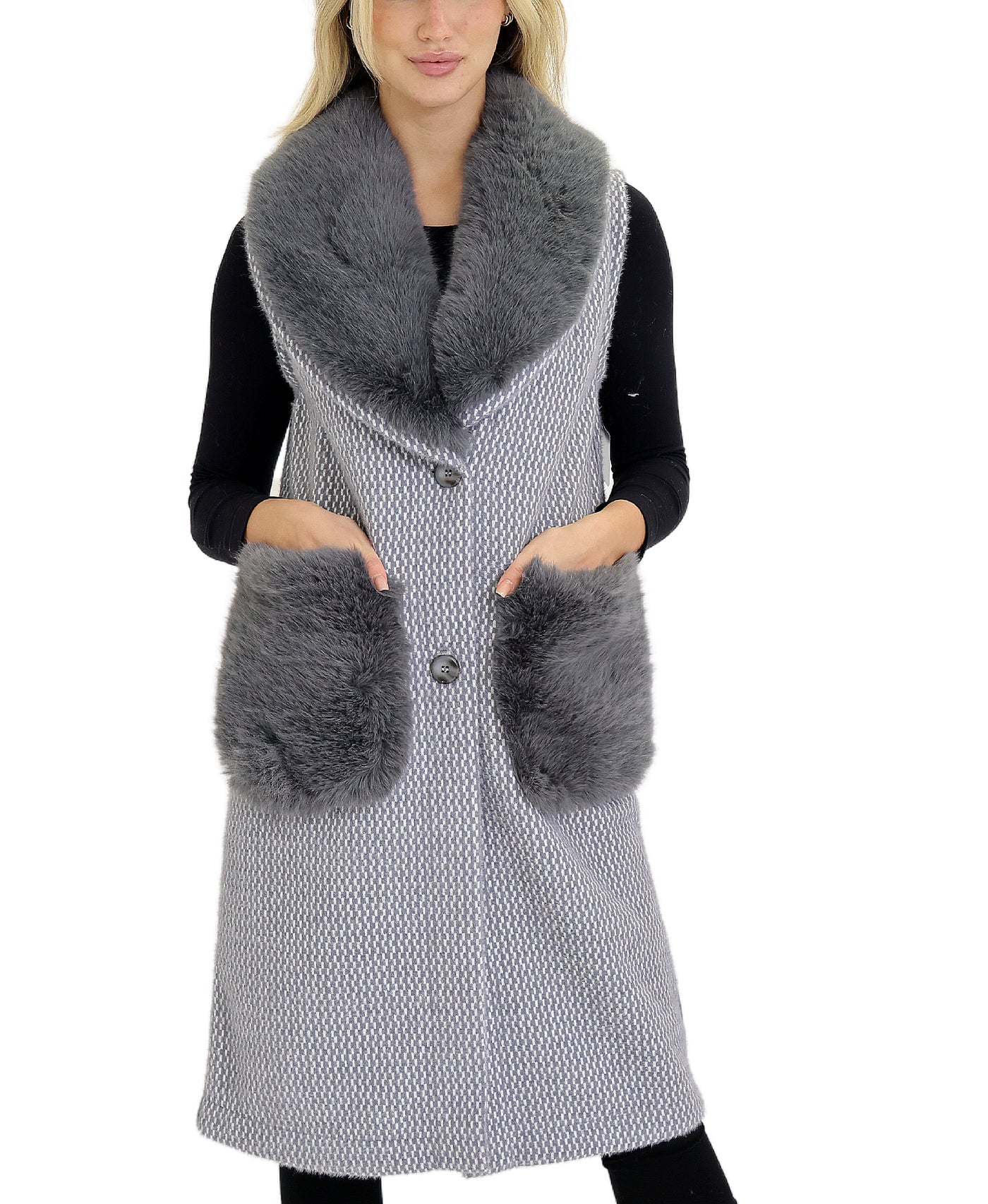 Reversible Long Printed Faux Fur Vest view 1