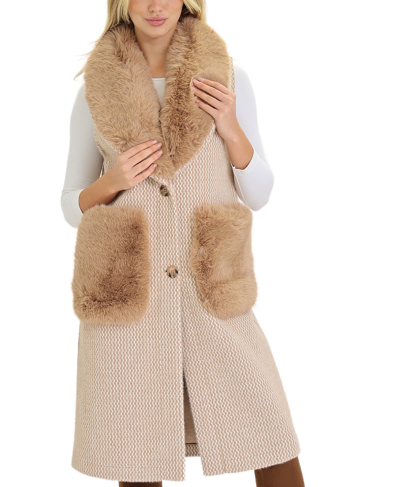 Reversible Long Printed Faux Fur Vest view 1