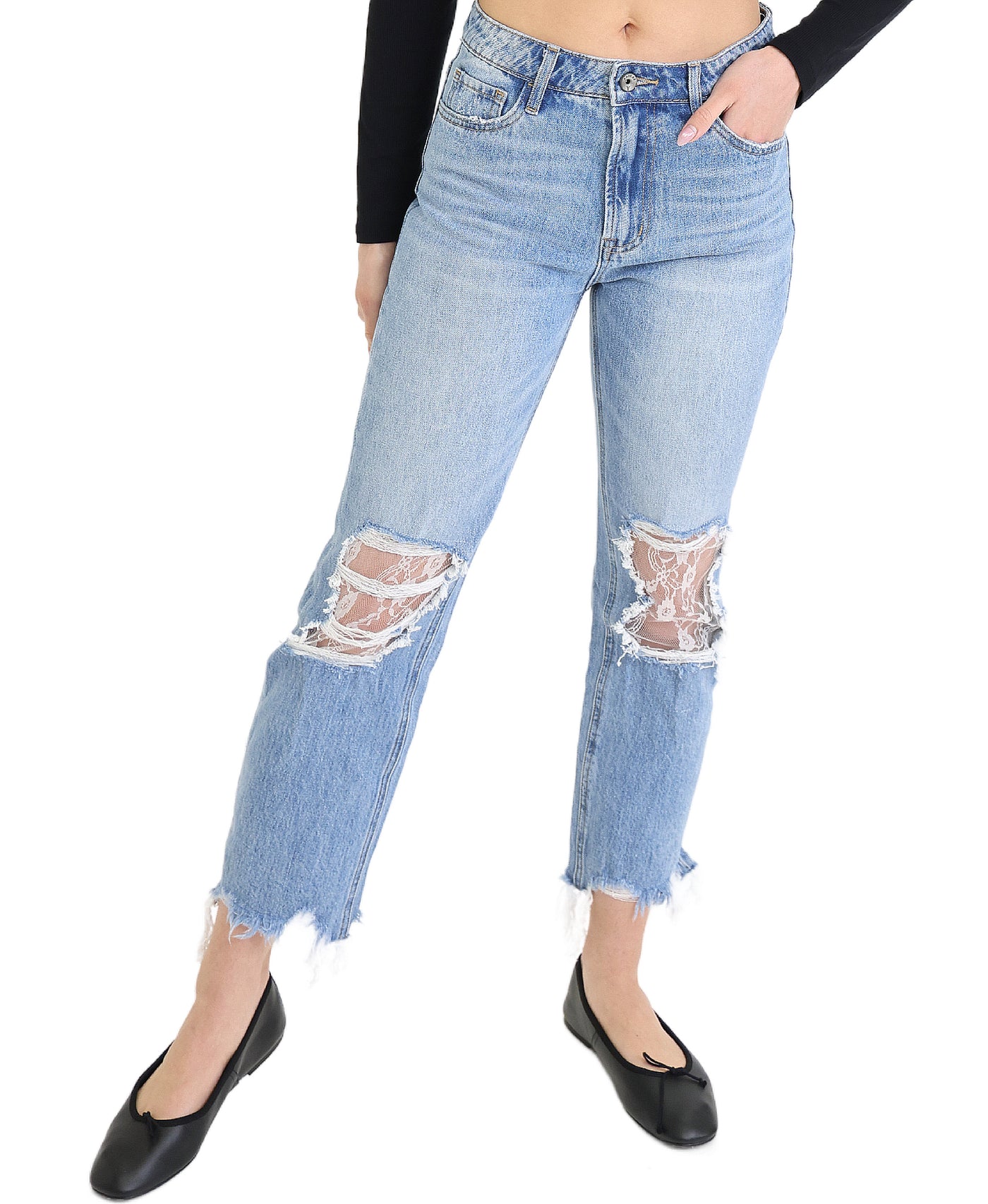 Ripped Jeans w/ Lace Cutout view 1