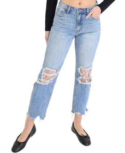 Ripped Jeans w/ Lace Cutout image 1