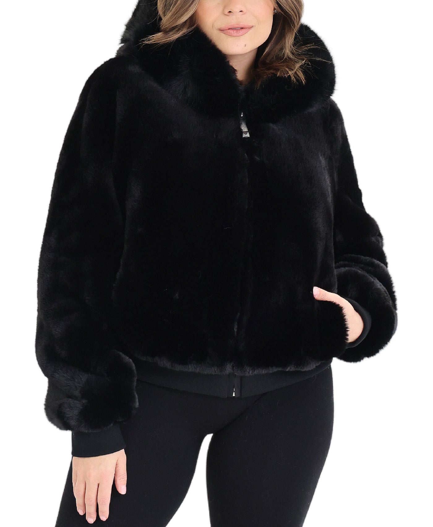 Faux Fur Bomber Jacket w/ Hood view 1