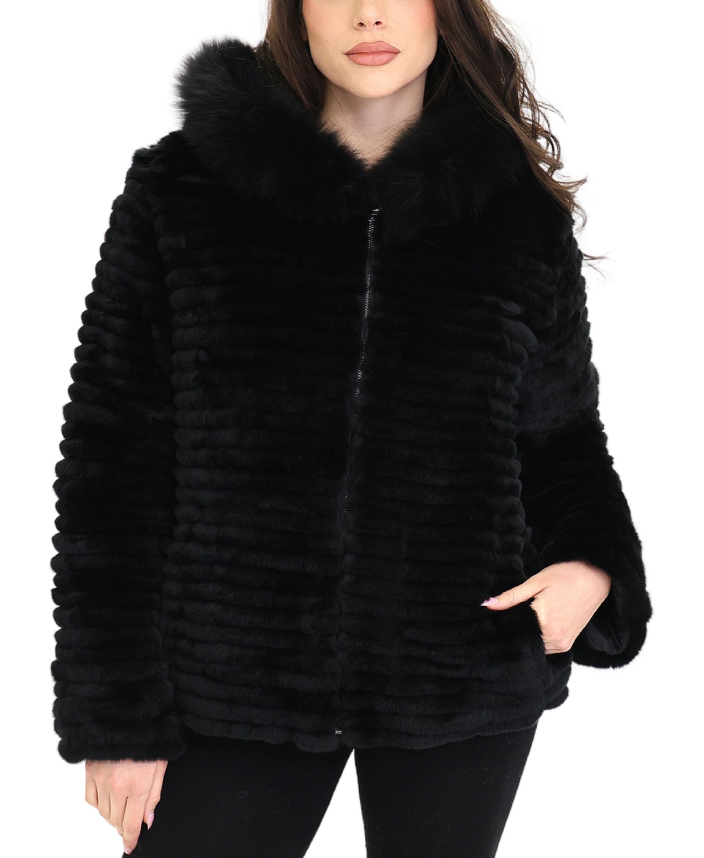 Faux Fur Chevron Jacket w/ Hood view 1