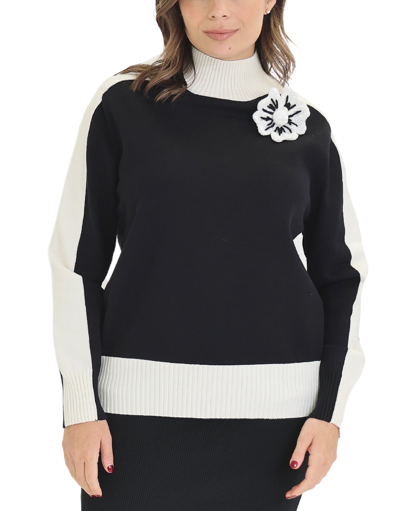 Colorblock Sweater w/ Flower Pin view 1