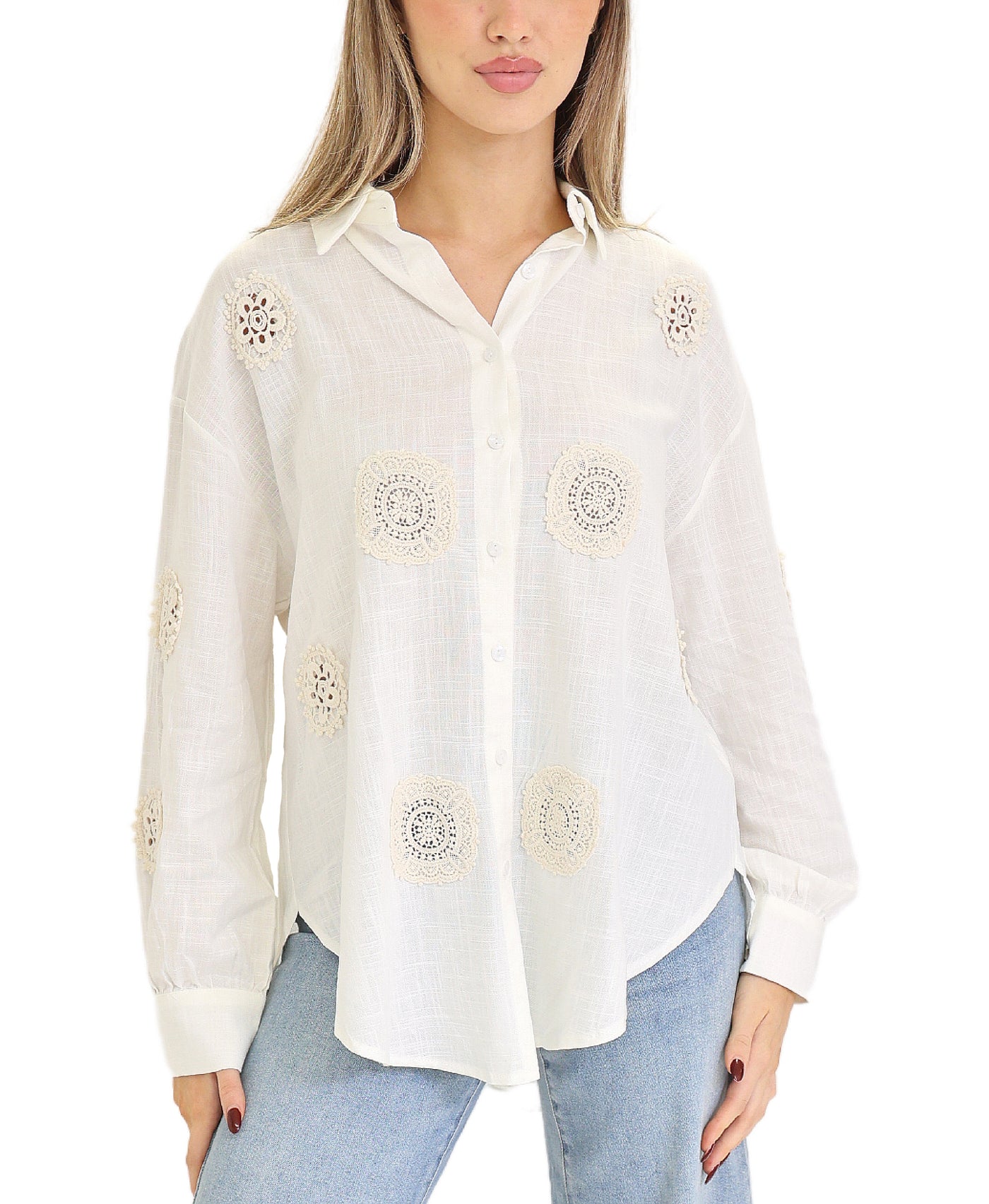 Linen Shirt w/ Crochet Circles view 1