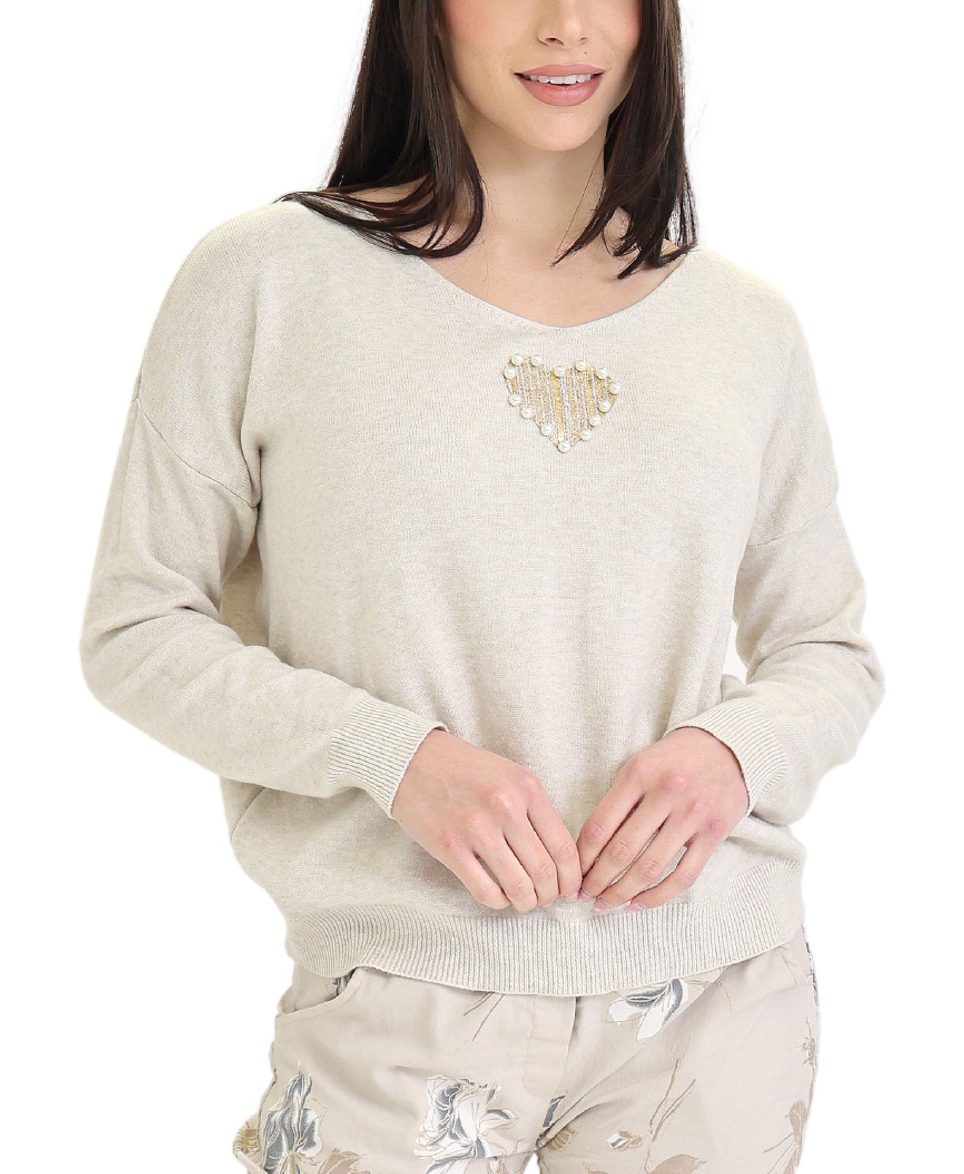 Knit Top w/ Metallic & Pearl Heart view 1