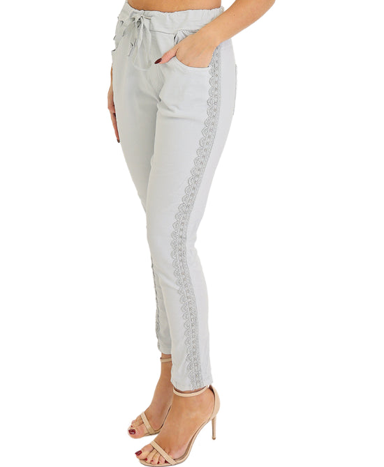 Pants w/ Lace & Rhinestone Grommet Side Stripes view 