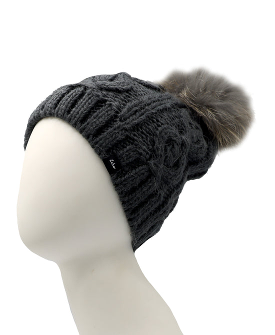 Cable Knit Hat w/ Fur Pom view 