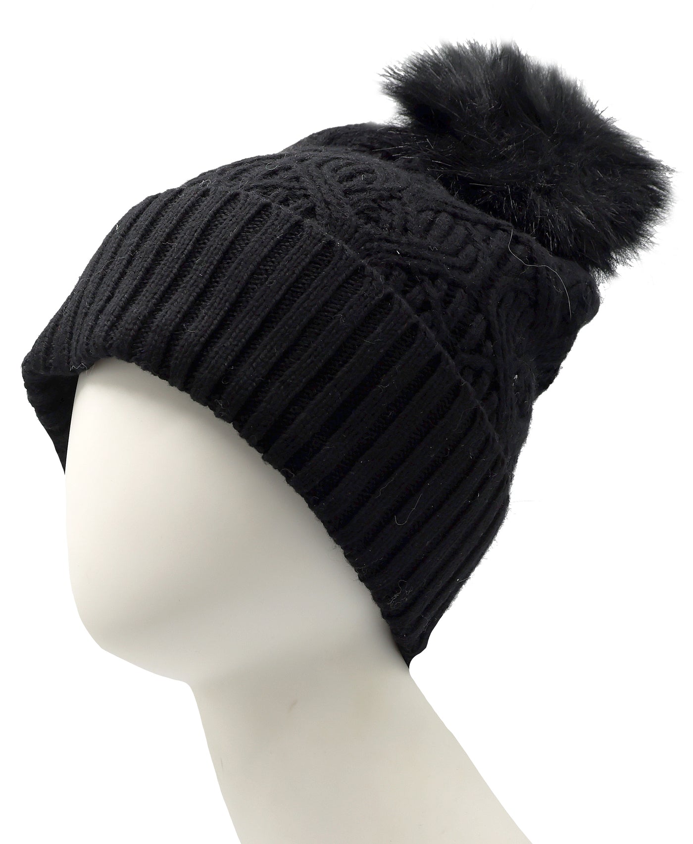 Cable Knit Hat w/ Faux Fur Pom view 1