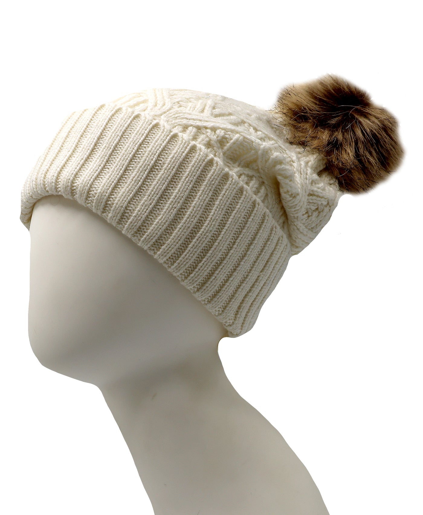 Cable Knit Hat w/ Faux Fur Pom view 1