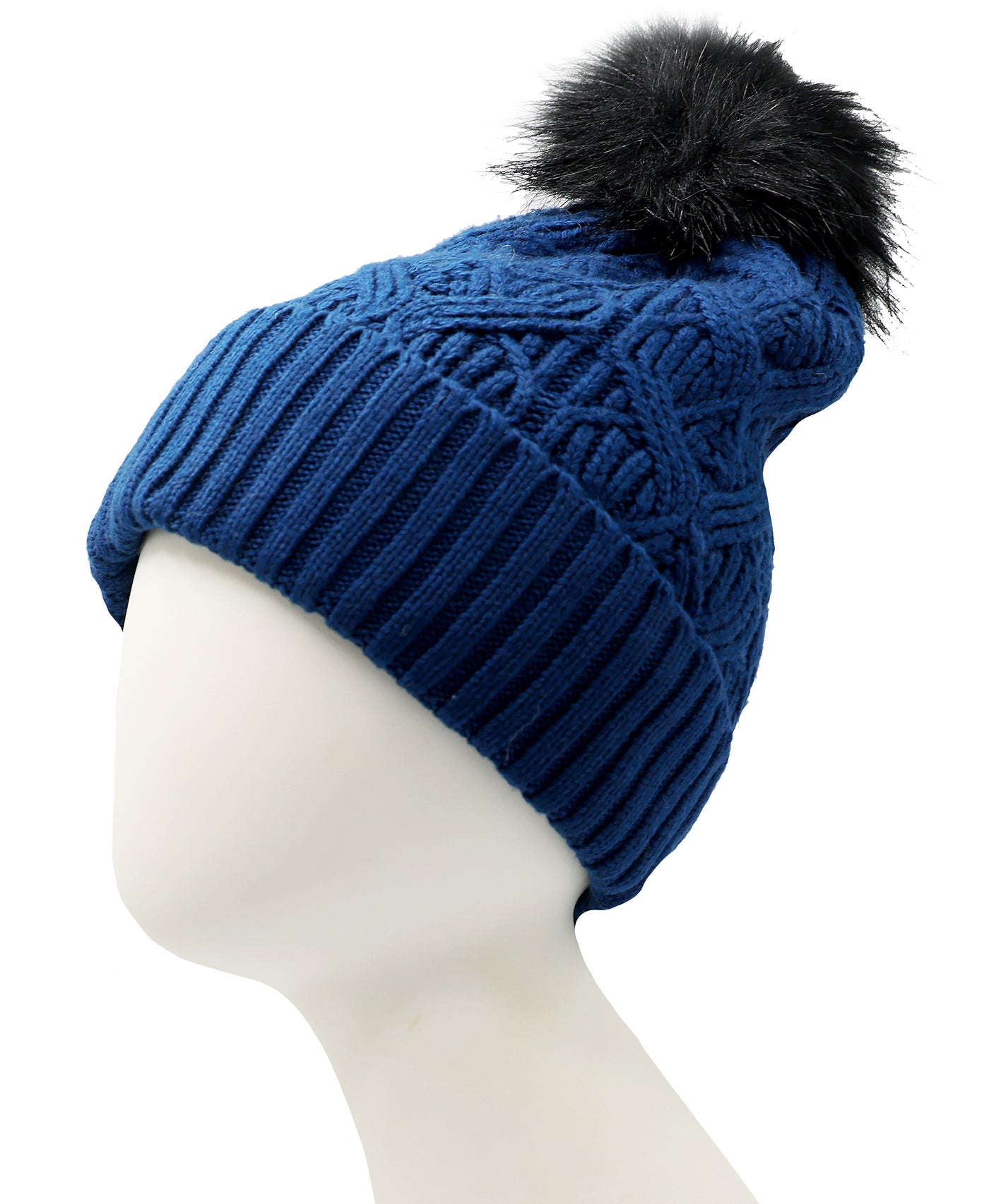 Cable Knit Hat w/ Faux Fur Pom view 1