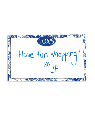 Sample gift card message reading 'Have fun shopping! XO JF'