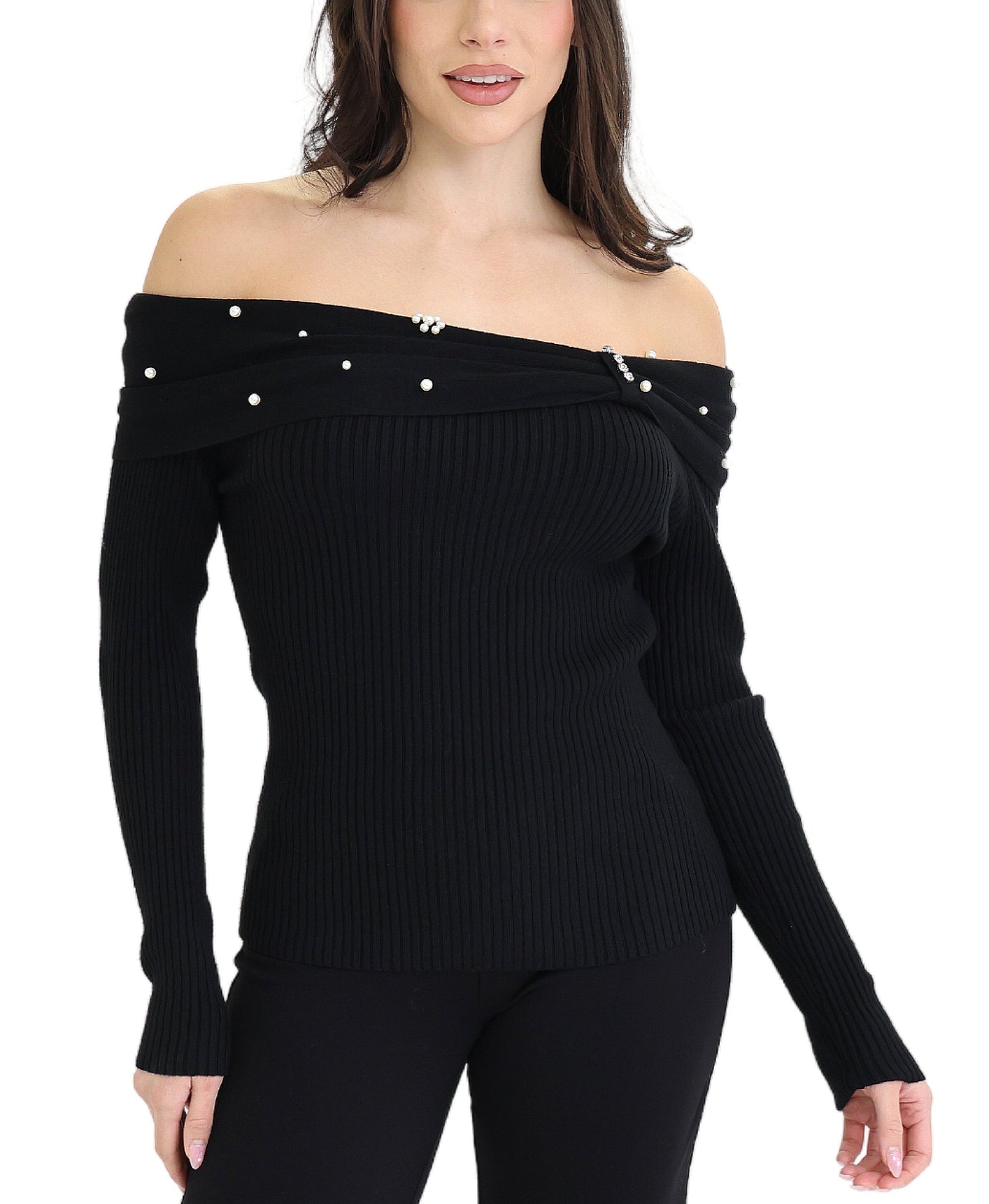 Off Shoulder Top w/ Pearls & Rhinestones view 1