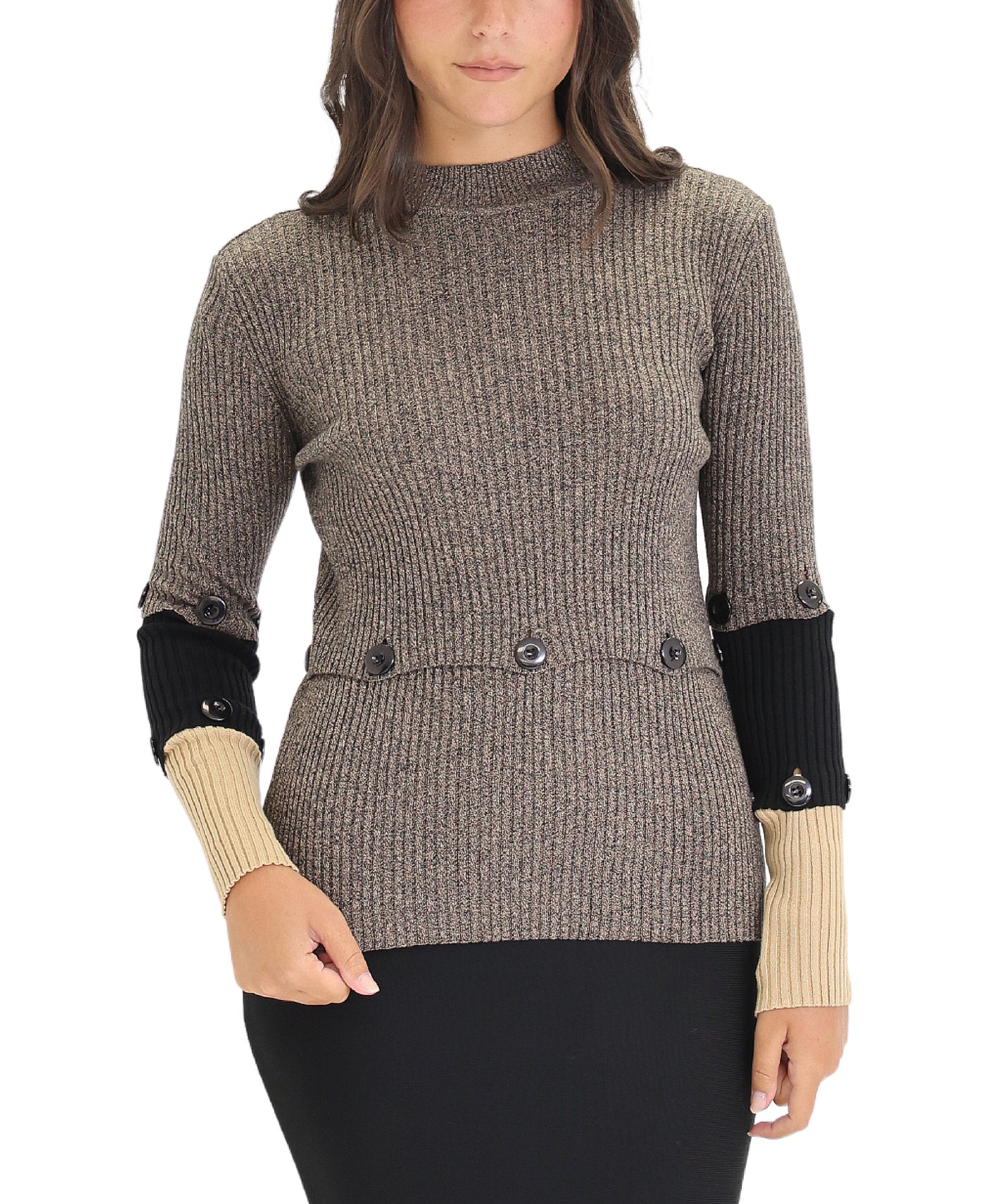 Knit Ribbed Color Block Sweater w/ Buttons view 1