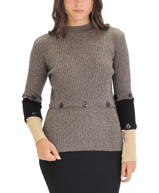 Knit Ribbed Color Block Sweater w/ Buttons view 