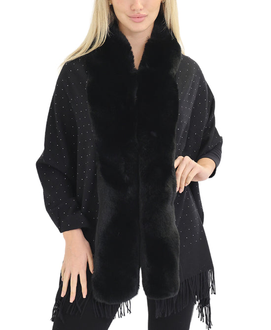 Faux Fur Trim Poncho with Studs view 