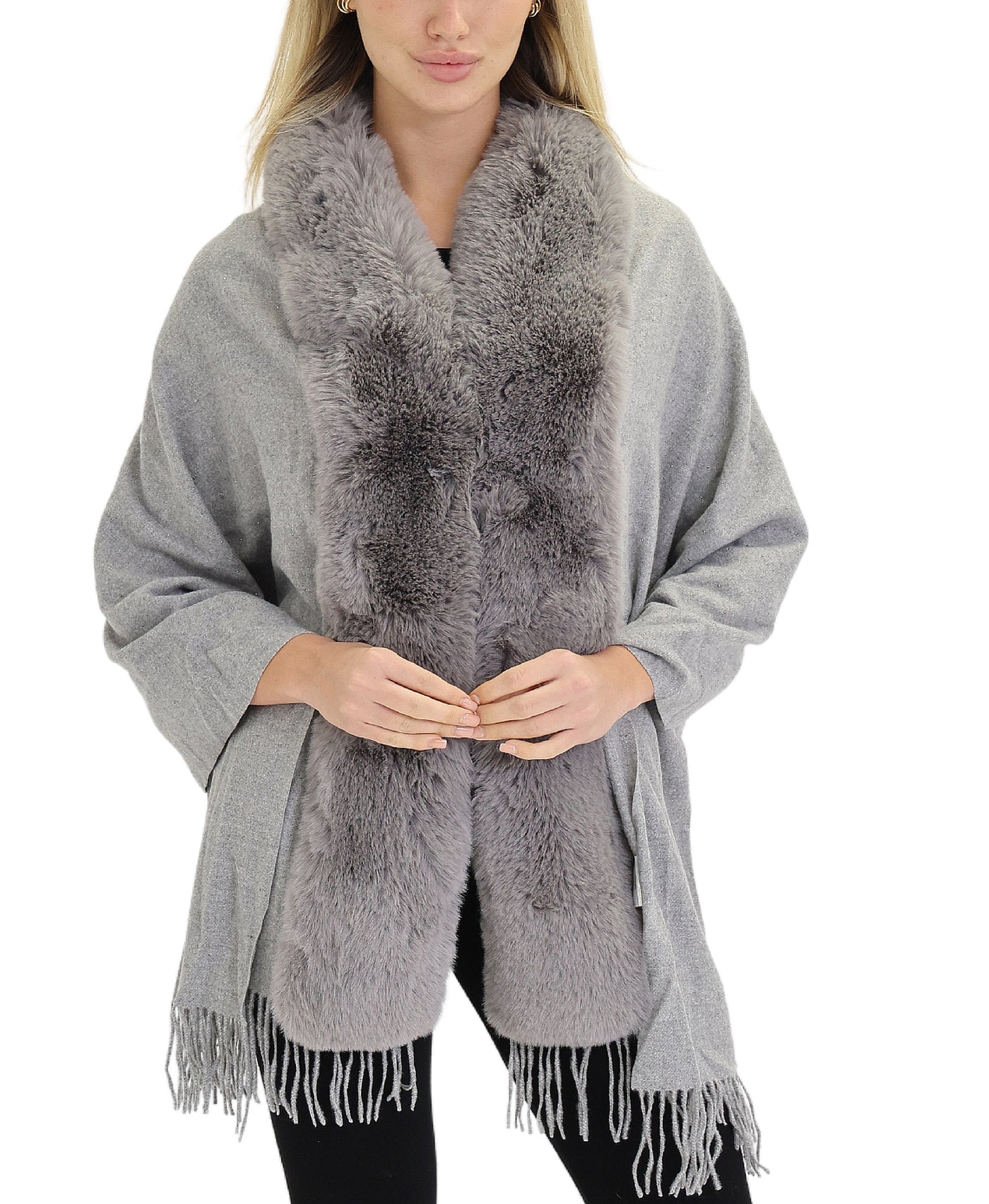 Faux Fur Trim Poncho with Studs view 1