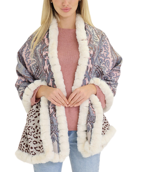 Paisley & Animal Print Wrap w/ Faux Fur Trim view 