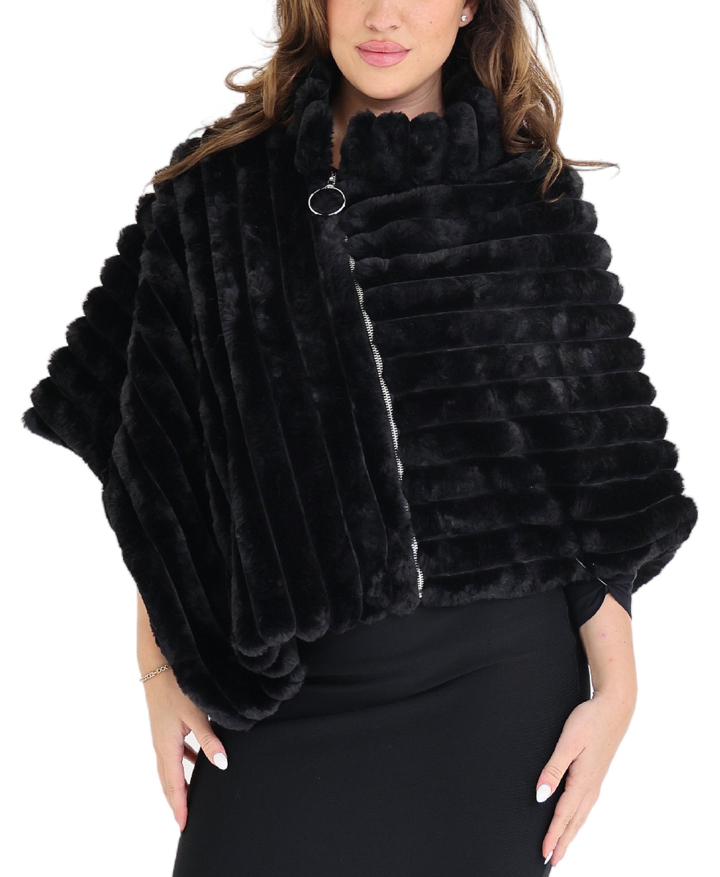 Faux Fur Poncho with Zipper Detail view 1