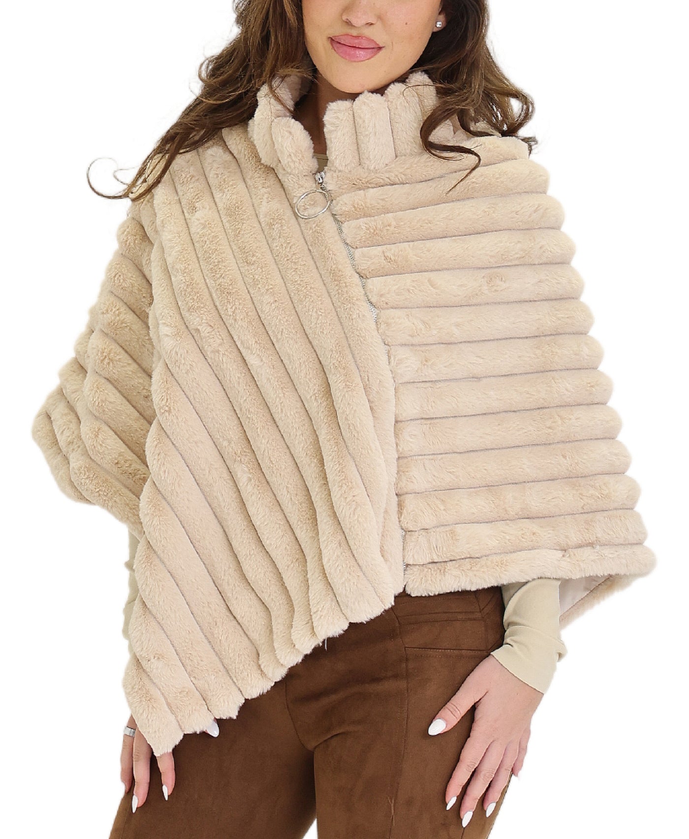 Faux Fur Poncho with Zipper Detail view 1