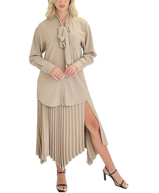 Button Front Blouse & Pleated Slit Skirt Set- 2 Pc Set view 