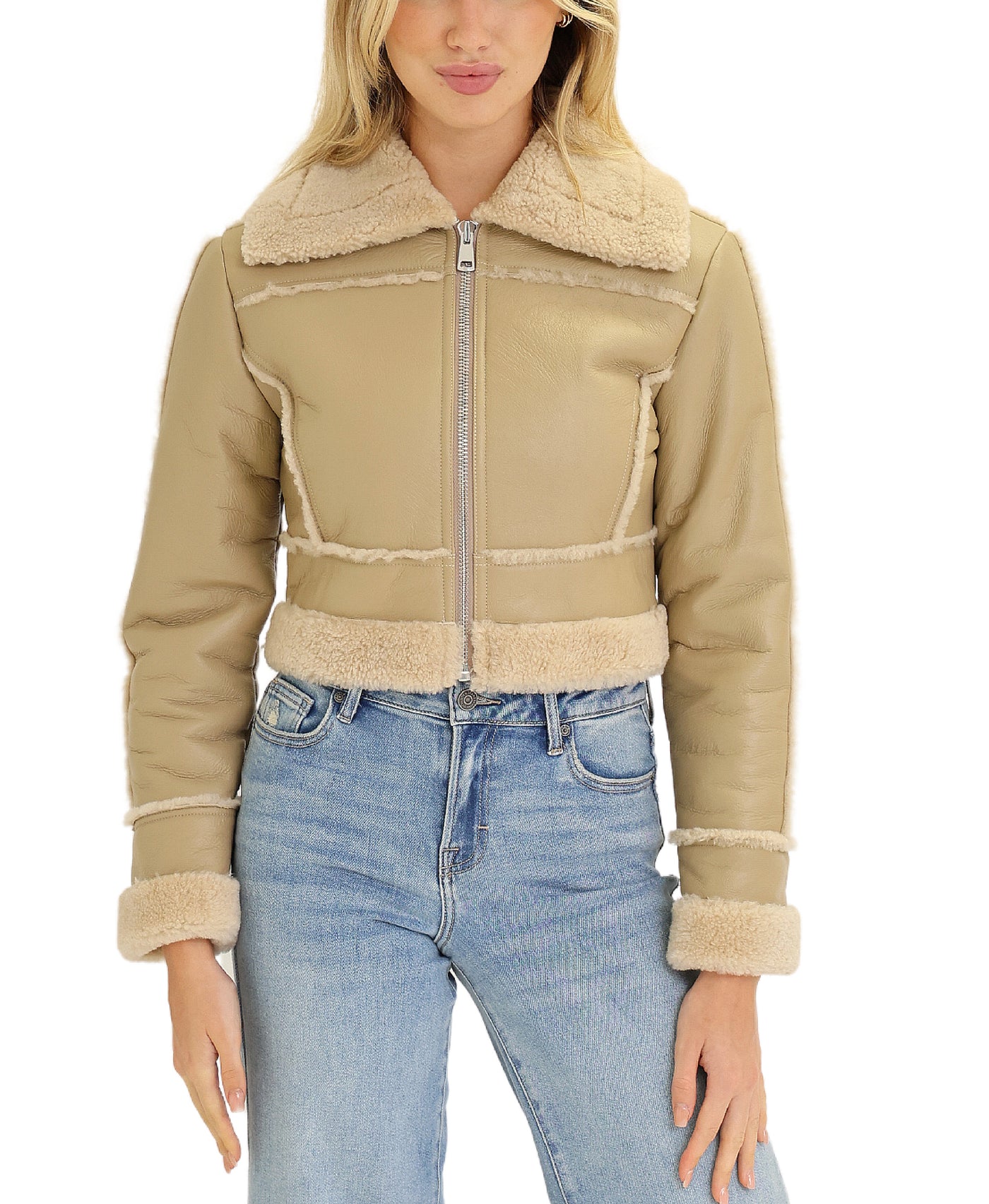 Shearling Cropped Jacket w/ Fur Trim view 1