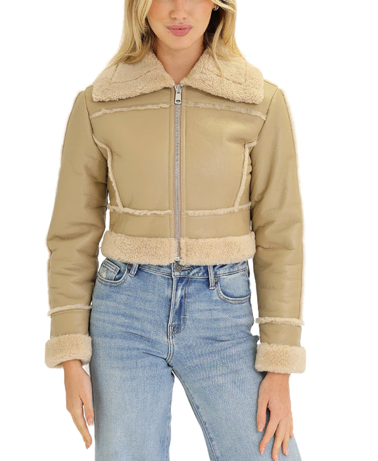 Shearling Cropped Jacket w/ Fur Trim view 