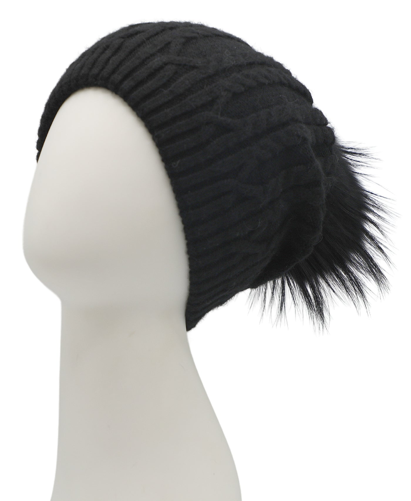 Cable Knit Slouch Hat w/ Fur Pom view 1