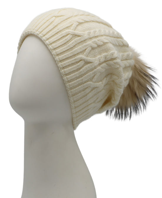 Cable Knit Slouch Hat w/ Fur Pom view 