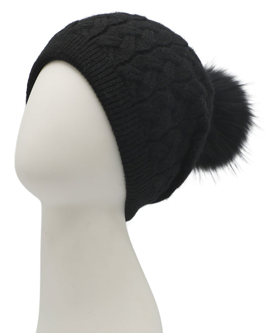 Cable Knit Slouch Hat w/ Fur Pom view 