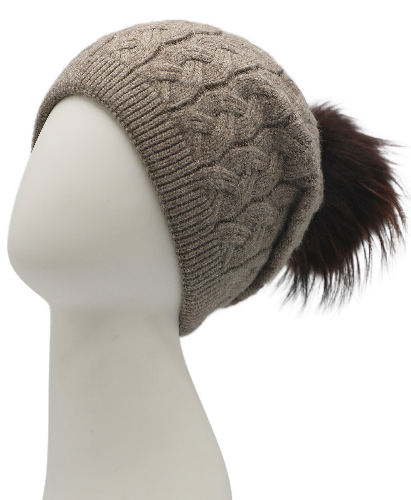 Cable Knit Slouch Hat w/ Fur Pom view 1