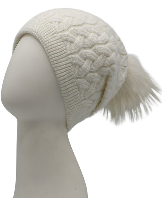 Cable Knit Slouch Hat w/ Fur Pom view 