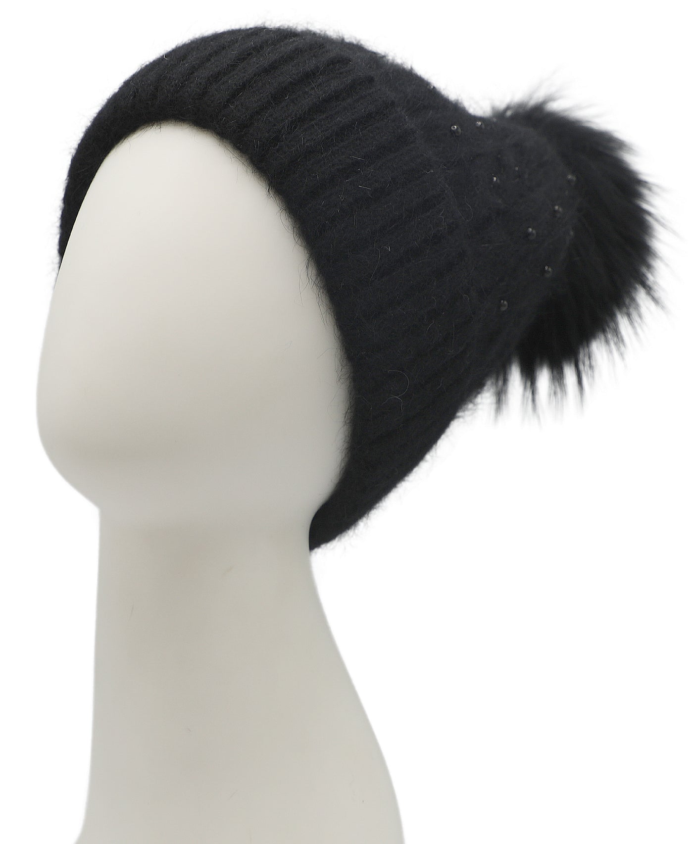 Beaded Knit Hat w/ Fur Pom view 1