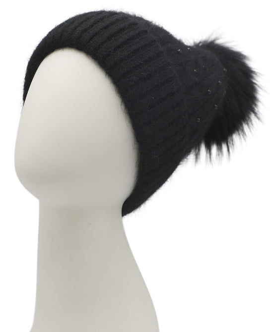 Beaded Knit Hat w/ Fur Pom view 