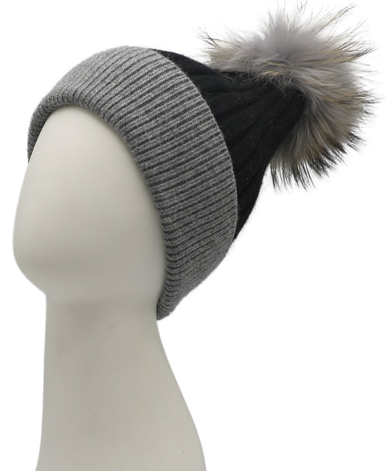 Knit Ribbed Hat w/ Fur Pom view 