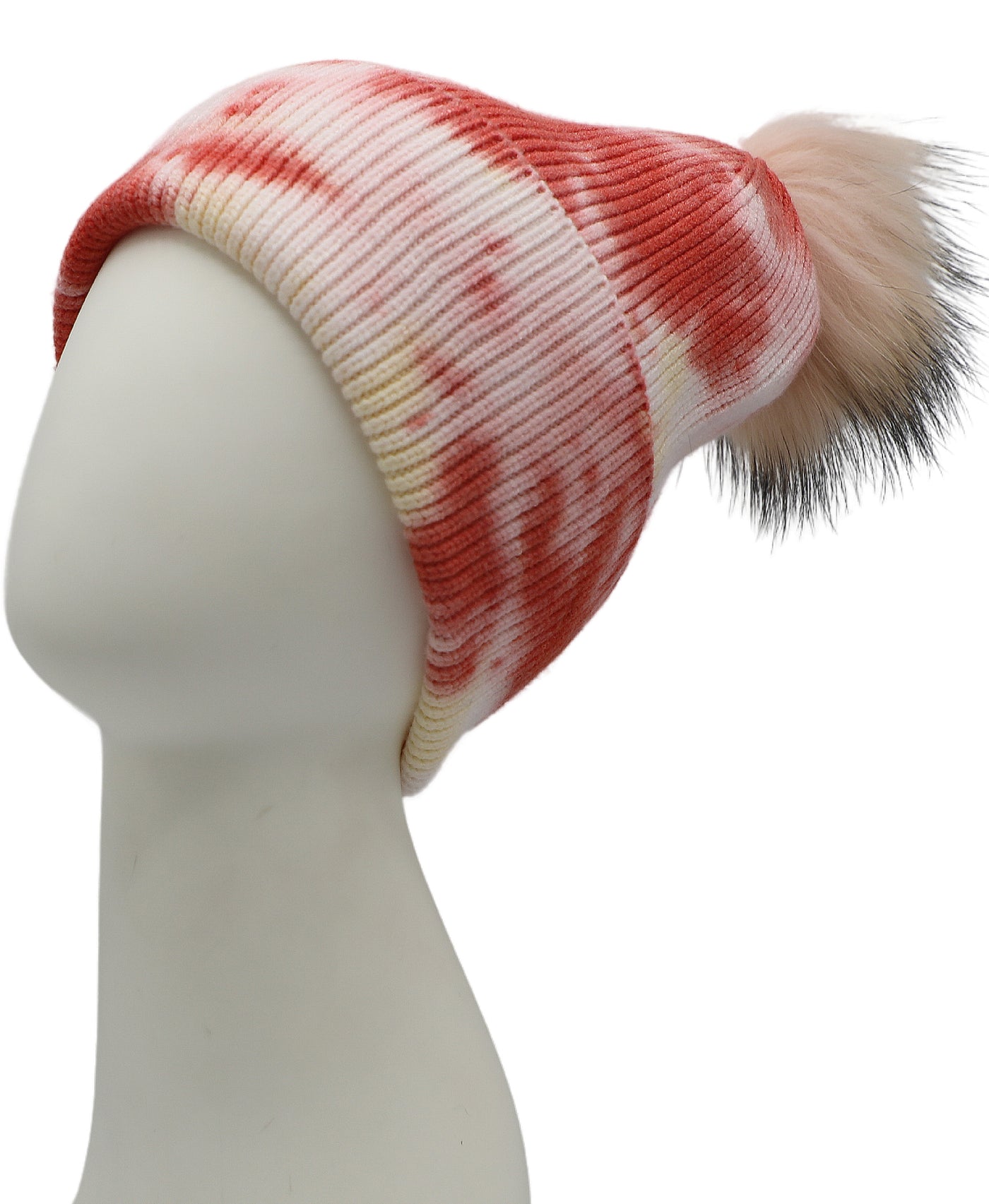 Tie Dye Knit Ribbed Hat w/ Fur Pom view 1