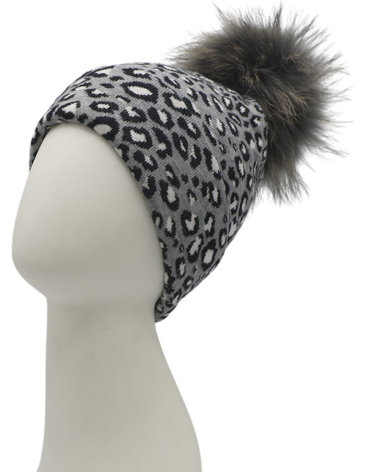 Knit Leopard Hat w/ Fur Pom view 