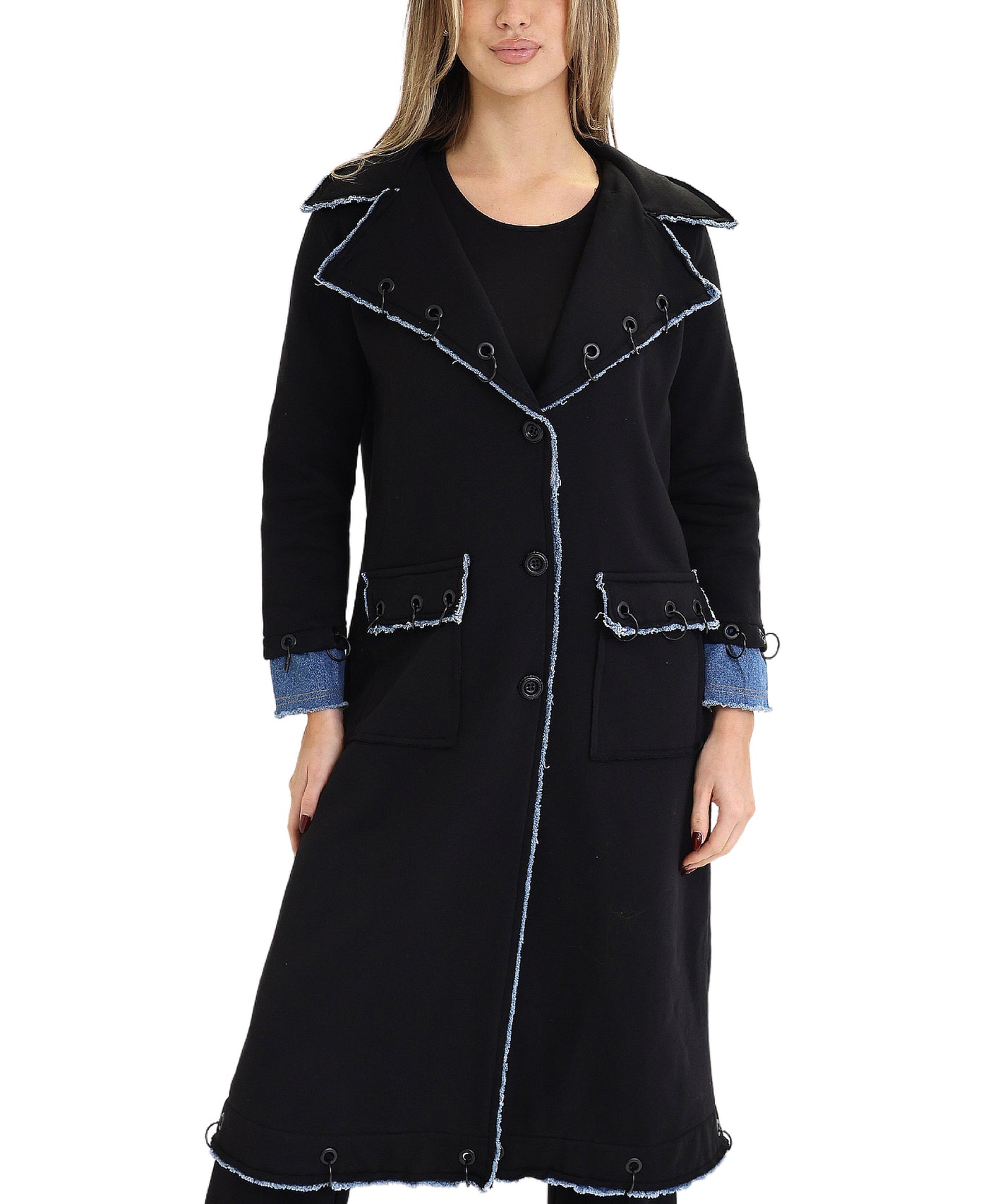 Fleece & Denim Long Duster w/ Grommet Trim view 1