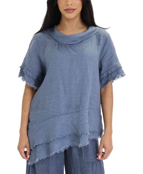 Linen Asymmetrical Top w/ Frayed Trim view 