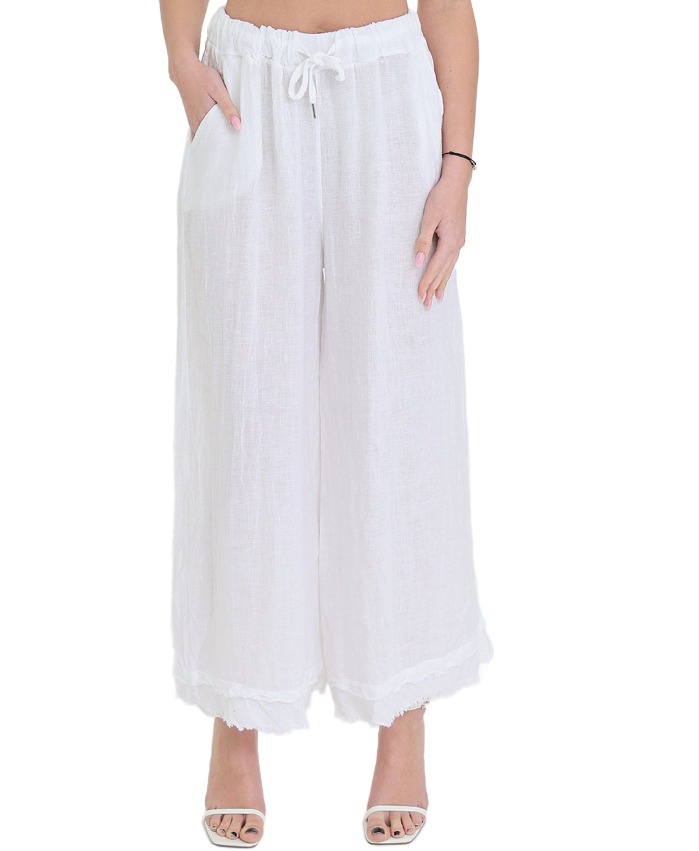 Linen Wide Leg Crop Pants w/ Frayed Trim view 1